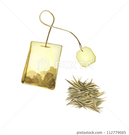 Watercolor illustration. Tea bag with tea leaves and label, fireweed infuser in hand drawn watercolor on a white background. Suitable for printing on fabric, paper for design, creativity, scrapbooking 112779085