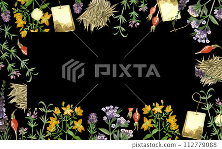 Watercolor illustration. Rectangular frame made of herbal tea, meadow herbs, flowers, oregano, rose hips, tea leaves drawn by hand in watercolors. For printing on fabric, paper, design, scrapbooking Watercolor illustration. Rectangular frame made of herbal tea, meadow herbs, flowers, oregano, rose hips, tea leaves drawn by hand in watercolors. For printing on fabric, paper, design, scrapbooking 112779088