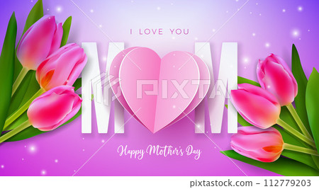 Happy Mother's Day Banner or Postcard with Spring Tulip Flower and Paper Heart on Violet Background. Vector Celebration Design Template with Typography Lettering for Greeting Card, Flyer, Invitation Happy Mother's Day Banner or Postcard with Spring Tulip Flower and Paper Heart on Violet Background. Vector Celebration Design Template with Typography Lettering for Greeting Card, Flyer, Invitation 112779203