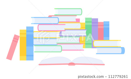 一本讀了一半的打開的書和一堆書的插圖_平 112779261