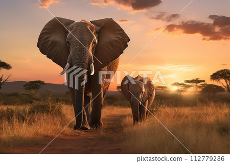 AI-generated content. A mother elephant and her baby walk through the savannah at golden hour 112779286