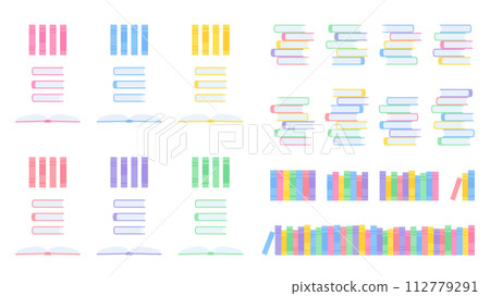 排列書籍和堆疊書籍的插圖素材集_平面 112779291