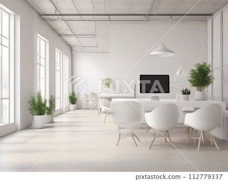 Modern office with white walls, wooden floor and rows of white computer tables with white chairs. Modern office with white walls, wooden floor and rows of white computer tables with white chairs. 112779337