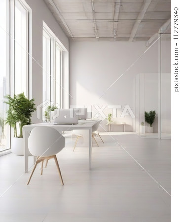 Interior of modern office with white walls, tiled floor, white computer table and chairs. Interior of modern office with white walls, tiled floor, white computer table and chairs. 112779340