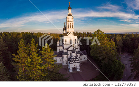 Aerial panoramic top view to Church of the Kazan Icon of the Mother of God in Zelenogorsk. Theotokos Church - Orthodox Cathedral main attraction of the city. Leningrad Region, Saint-Petersburg. Russia 112779358