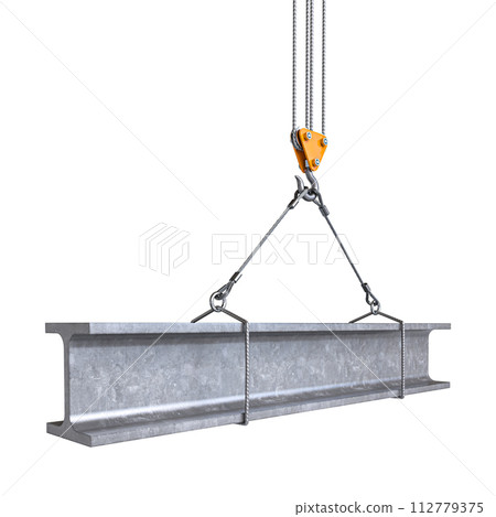 Industrial crane hoisting steel beam 112779375