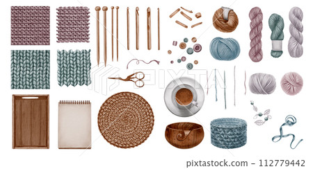 A watercolor knitting set with seamless yarn textures:frayed and facing skeins of yarn,wooden needles and hooks,accessories,baskets for knitting and storing little things,and a cup of coffee. A watercolor knitting set with seamless yarn textures:frayed and facing skeins of yarn,wooden needles and hooks,accessories,baskets for knitting and storing little things,and a cup of coffee. 112779442