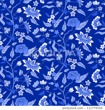 Seamless pattern with monochrome blue chinoiserie hand drawn motifs 112779508