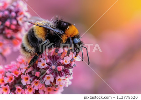 AI-generated content. A bee collects nectar on a pink flower. Macro. Blurred background. 112779520
