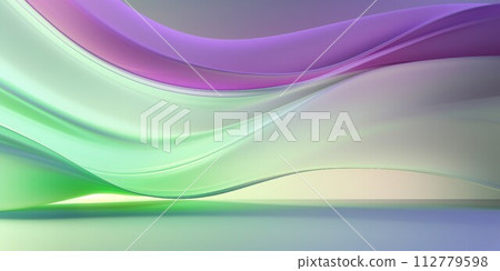 抽象背景水平模板。具有透明黃綠色和紫色曲線的空間。 AI生成影像 112779598