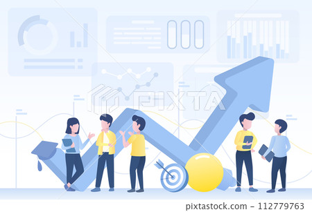 Business people discussion to improve investment. Arrow pointing up, start-up, growth management, tactical plan, strategy development for success. Flat vector design illustration. Business people discussion to improve investment. Arrow pointing up, start-up, growth management, tactical plan, strategy development for success. Flat vector design illustration. 112779763