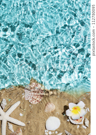 Sea water, sand and seashells background. Summer beach. Summer background. Sea water, sand and seashells background. Summer beach. Summer background. 112780095