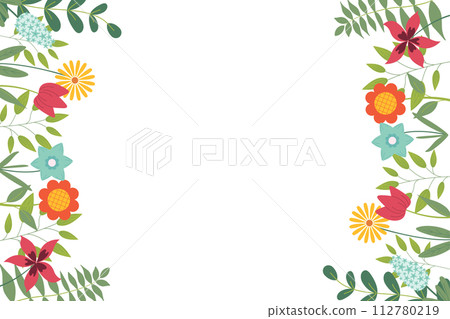 Hand sketched background, vector illustration. Borders with leaves and flowers for greeting card, invitation template in pastel colors on white background. Retro, poster, background. 112780219