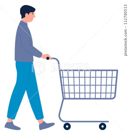 Man shopping. Sale discount for happy customer with empty cart Man shopping. Sale discount for happy customer with empty cart 112780513