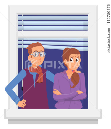 Man and woman standing together in window frame 112780576