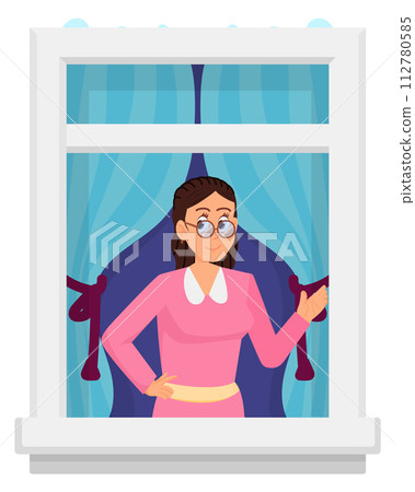 Female neighbor in window. Smiling woman cartoon character 112780585