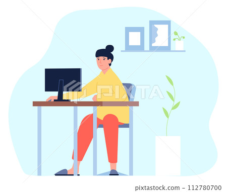 Remote job. Woman work at computer in home interior 112780700