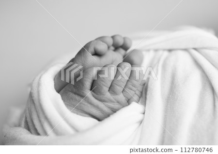 The tiny foot of a newborn baby. Soft feet of a new born in a wool blanket. Close up of toes, heels and feet of a newborn. Black and white Macro photography. 112780746