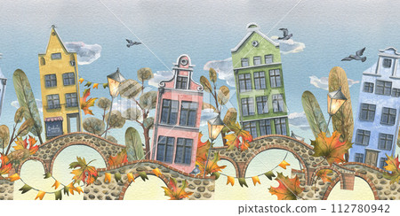 Ancient European houses are colorful, with autumn trees and leaves, stone bridges and lanterns. Hand drawn watercolor illustration. Seamless border ion a sky background Ancient European houses are colorful, with autumn trees and leaves, stone bridges and lanterns. Hand drawn watercolor illustration. Seamless border ion a sky background 112780942