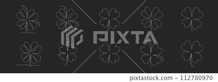 Clover flowers set for Saint Patrick day - good lucky symbol, single line. Vector stock minimalism illustration isolated on black background for design template invitation. Editable stroke. EPS10 112780970
