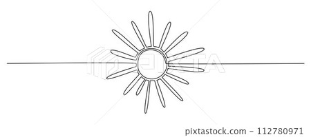 Sun - one single hand drawing continuous line banner. Vector stock illustration isolated on white background for design template summer travel poster, flyer. Editable stroke. EPS10 Sun - one single hand drawing continuous line banner. Vector stock illustration isolated on white background for design template summer travel poster, flyer. Editable stroke. EPS10 112780971