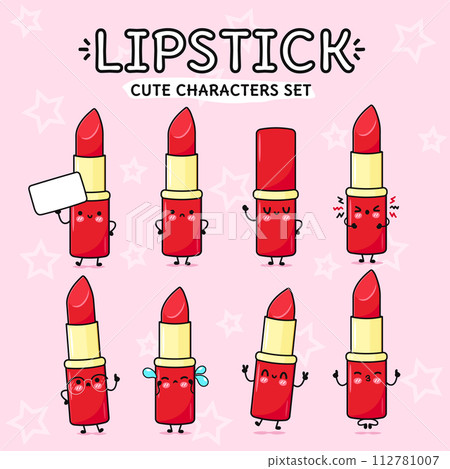 Happy Red lipstick characters bundle set. Vector hand drawn doodle style cartoon character illustration icon design. Isolated on pink background. Red lipstick mascot character collection Happy Red lipstick characters bundle set. Vector hand drawn doodle style cartoon character illustration icon design. Isolated on pink background. Red lipstick mascot character collection 112781007