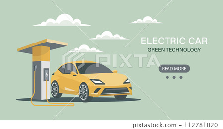 Modern electric car at a charging station. Green technology. Illustration, banner. Vector 112781020