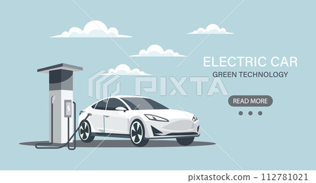 Modern electric car at a charging station. Green technology. Illustration, banner. Vector 112781021