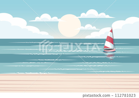 Seascape. Yacht at sea against the backdrop of a sea sunset. Summer illustration. Vector 112781023
