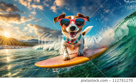 Dog surfing on a wave on ocean, sea on summer, vacation holidays concept 112781270