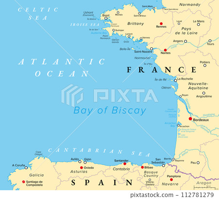 Bay of Biscay, also known as Gulf of Gascony, political map. Gulf of the northeast Atlantic Ocean, lying south of the Celtic Sea, along the western coast of France and the northern coast of Spain. 112781279