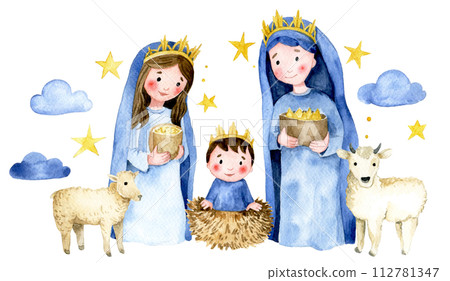 scene of the birth of Jesus Christ. manger and wise men, christmas illustration for children. watercolor drawing scene of the birth of Jesus Christ. manger and wise men, christmas illustration for children. watercolor drawing 112781347
