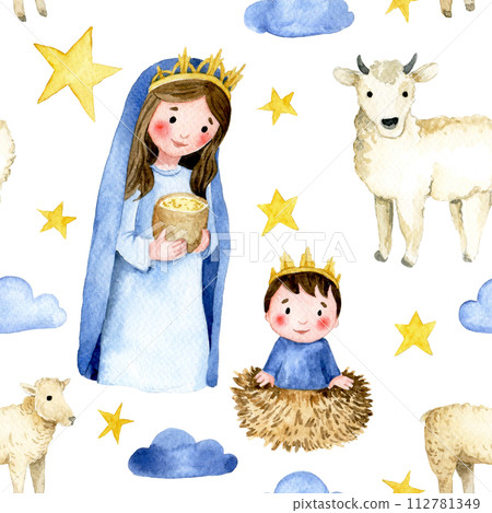 seamless pattern. manger with little jesus and wise men, christmas illustration for children. watercolor drawing 112781349