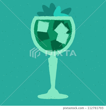 Blue cocktail with ice cubes, soda and gin tonic. Alcohol drink in stemware glass 112781703