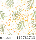 Seamless pattern with hand drawn watercolor mimosa leaves and splashes on white background. Spring botanical wallpaper for textile, print, wrapping paper 112781713
