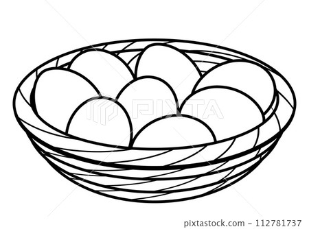 eggs in a wicker basket bowl, black and white illustration 112781737