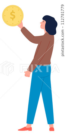 Woman hold big golden coin. Money spending 112781779