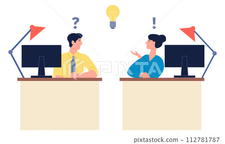 Office workers discuss idea at workplace. Colleagues chat Office workers discuss idea at workplace. Colleagues chat 112781787