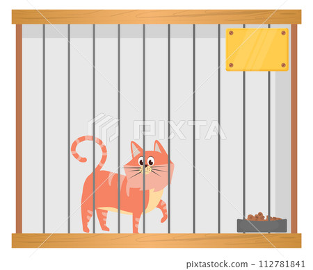 Sad cat in shelter. Homeless animal cartoon illustration 112781841