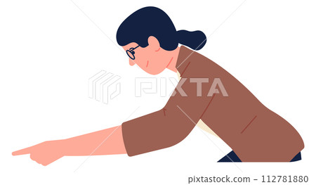 Woman pointing finger on something. Showing hand gesture 112781880