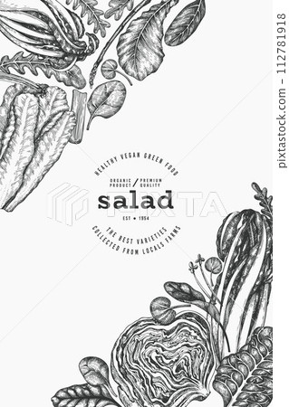 Green Vegetable Design Template. Vector Hand Drawn Healthy Leaf Salad Banner. Vintage Style Menu Illustration. Green Vegetable Design Template. Vector Hand Drawn Healthy Leaf Salad Banner. Vintage Style Menu Illustration. 112781918