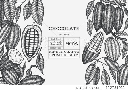 Cocoa Banner Template. Chocolate Retro Cocoa Beans Background. Vector Vintage Style Hand Drawn Illustration. Cocoa Banner Template. Chocolate Retro Cocoa Beans Background. Vector Vintage Style Hand Drawn Illustration. 112781921
