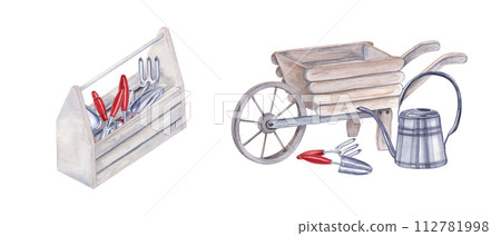Watercolor garden tools. Watering can, wheelbarrow, hand trowel, fork for flowering and gardening. Wooden box for tools. Spring works in garden. Watercolor illustration isolated on white. Watercolor garden tools. Watering can, wheelbarrow, hand trowel, fork for flowering and gardening. Wooden box for tools. Spring works in garden. Watercolor illustration isolated on white. 112781998