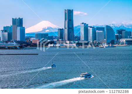 Yokohama cityscape in Japan. View of Minato Mirai, Mt. Fuji, Nippon Maru (on the right of the screen), etc. Back left is towards Sakuragicho Station 112782286