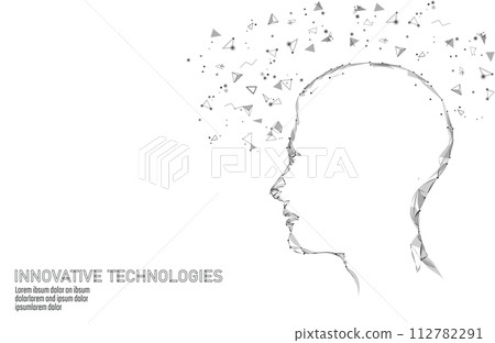 Low poly virtual reality concept. Future innovation technology fantasy. Polygonal triangle connected dots geometric point line vr metaverse device concept blue vector illustration 112782291