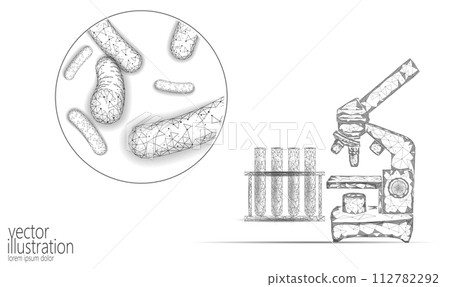 Bacteria microscope 3D low poly render probiotics. Healthy normal digestion flora of human intestine yoghurt production. Modern science medicine allergy immunity treatment vector illustration Bacteria microscope 3D low poly render probiotics. Healthy normal digestion flora of human intestine yoghurt production. Modern science medicine allergy immunity treatment vector illustration 112782292