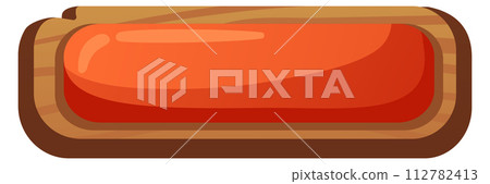 Game button. Cartoon ui element on wooden panel 112782413