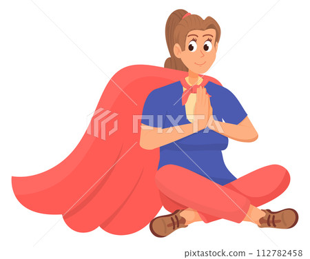 Woman in red cape sit in calm pose. Superhero character Woman in red cape sit in calm pose. Superhero character 112782458