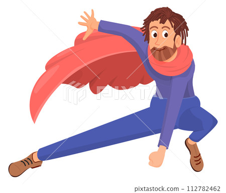 Man in superhero pose and red cape. Superpower character Man in superhero pose and red cape. Superpower character 112782462