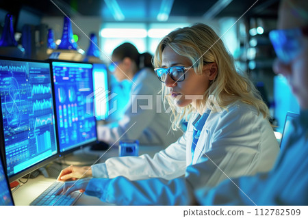 AI-generated content. Blonde female scientist in a white lab coat and glasses working on a computer in a laboratory AI-generated content. Blonde female scientist in a white lab coat and glasses working on a computer in a laboratory 112782509